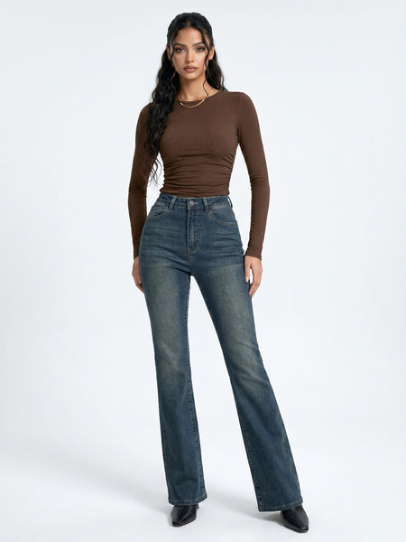 Brown Colour Women Smart Flared High-Rise Wide Leg Jeans
