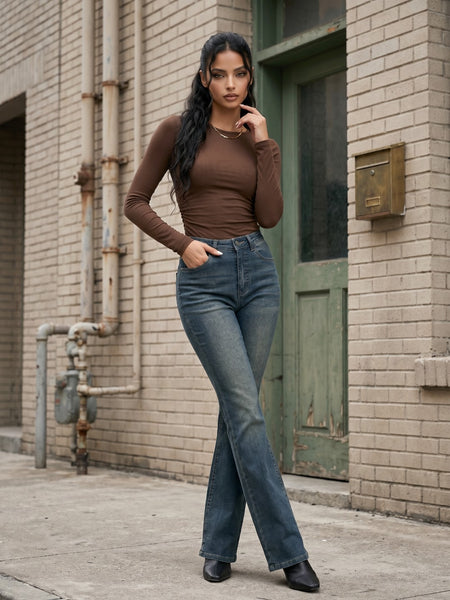 Brown Colour Women Smart Flared High-Rise Wide Leg Jeans
