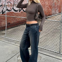 Women's brown loose high-rise stretchable straight fit jeans.