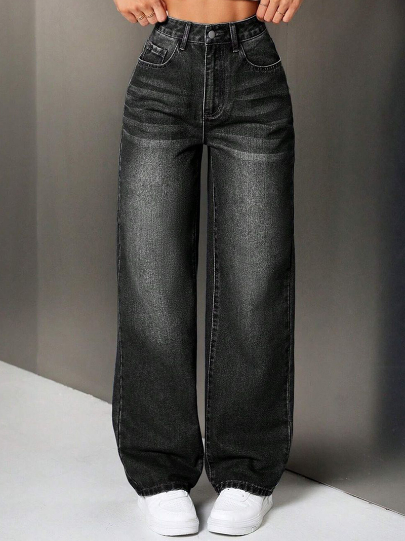 Black Colour Women’s High-Rise Relaxed Fit Acid Wash Jeans