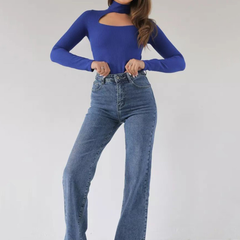 Women's light blue wide leg high-rise stretchable jeans.