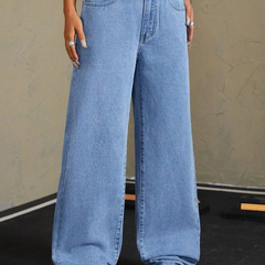 Women's blue mid-rise stretchable wide leg jeans with slash knee detailing.