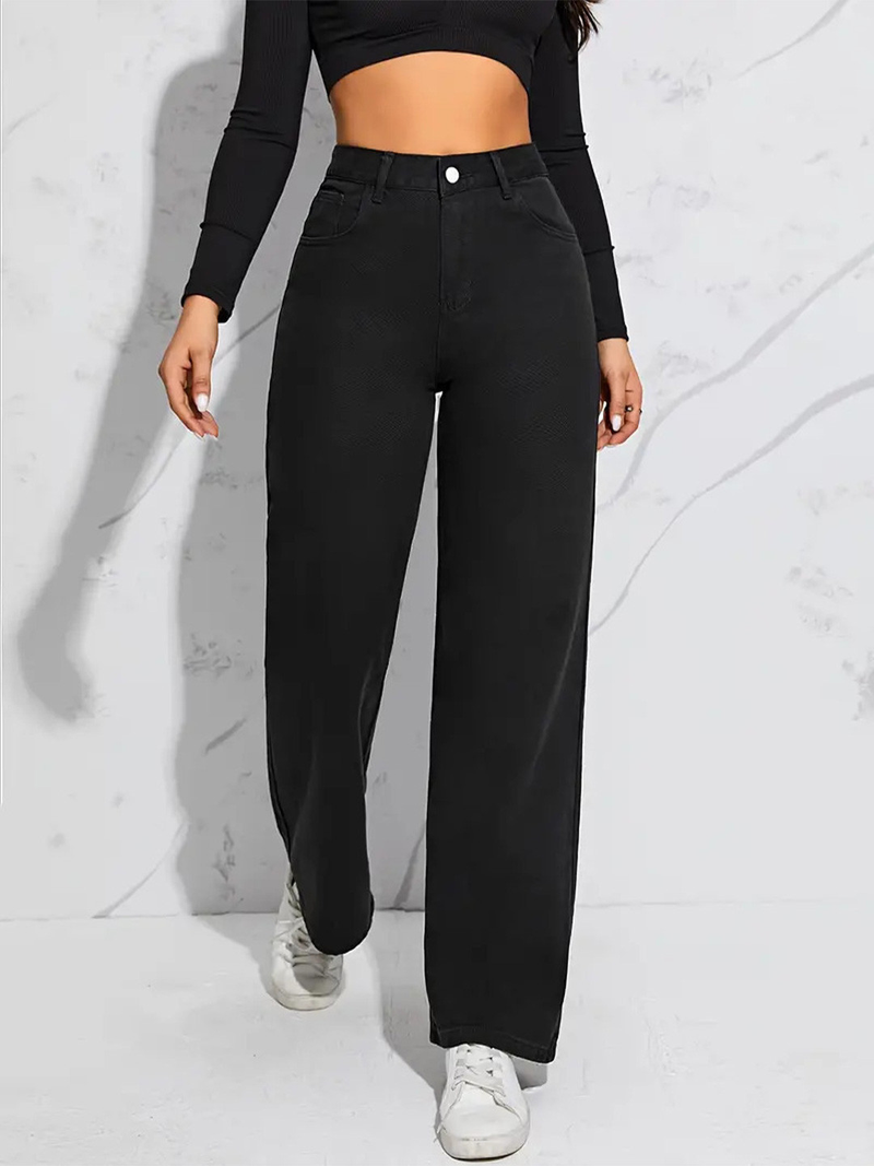 Women's black straight fit high-rise stretchable jeans.