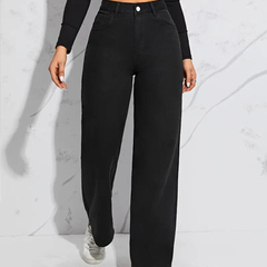 Women's black straight fit high-rise stretchable jeans.