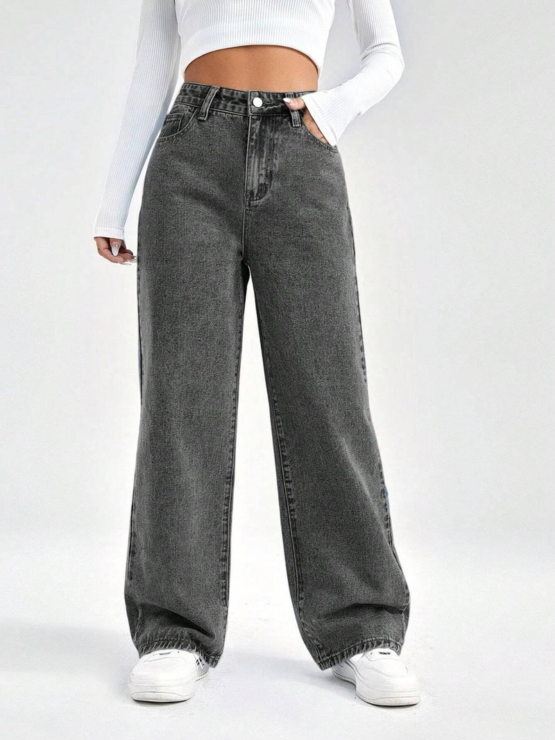 Women's grey straight fit high-rise stretchable jeans with slash knee detailing.