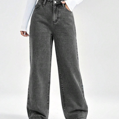 Women's grey straight fit high-rise stretchable jeans with slash knee detailing.
