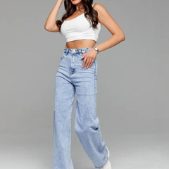 Women's light blue wide leg high-rise stretchable jeans with light fade detailing.