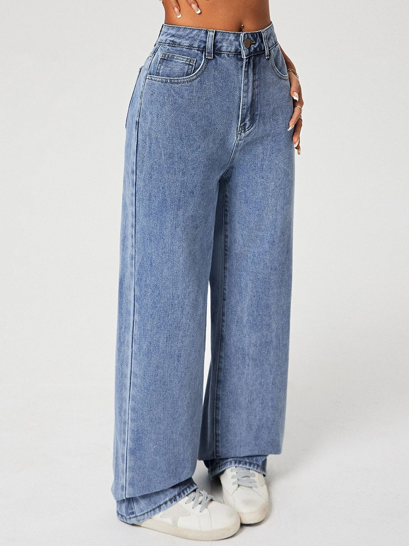 Women's light blue high-rise stretchable flared baggy jeans.