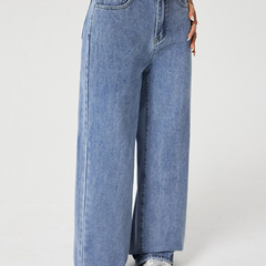 Women's light blue high-rise stretchable flared baggy jeans.