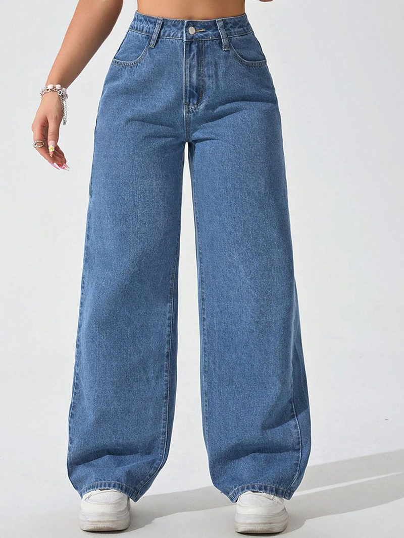 Women's blue high-rise stretchable bootcut jeans with a no fade design.