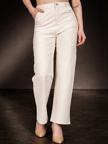 Women's white high-rise wide-leg stretchable Cream colour trousers