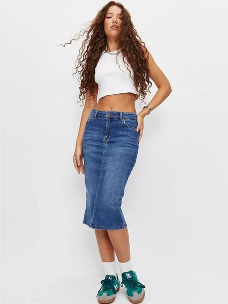 Women’s Blue Denim Front-Slit Above-Knee Skirt