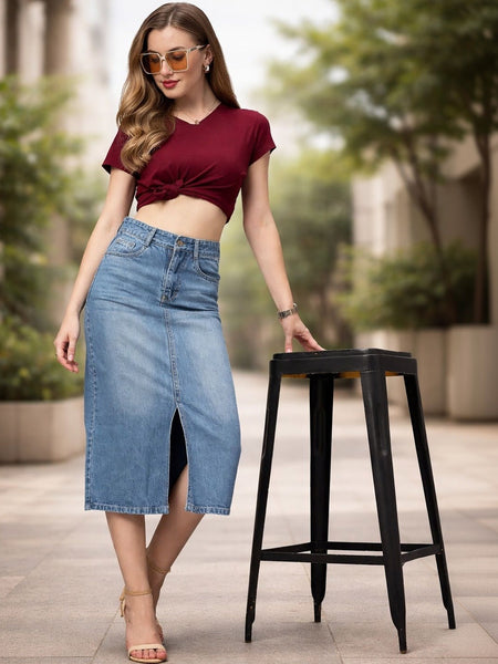 Women’s Light Blue Denim Front-Slit Above-Knee Skirt