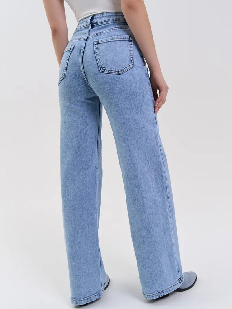 Women's light blue wide leg high-rise stretchable jeans with light fade and pleated detailing.