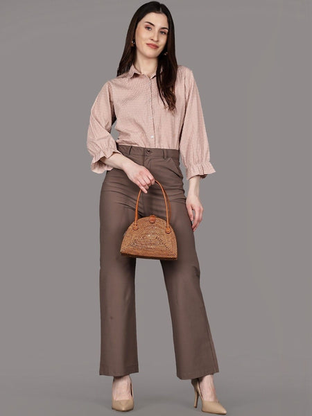 Women's brown high-rise flared stretchable trousers