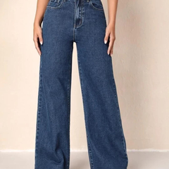 Women's dark blue high-rise stretchable wide leg jeans.