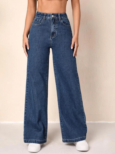 Women's dark blue high-rise stretchable wide leg jeans.