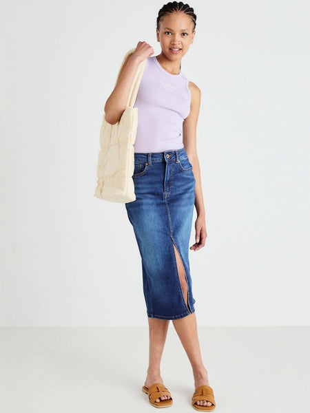 Women’s Dark Blue Denim Front-Slit Above-Knee Skirt