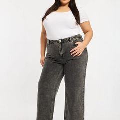 Women's grey relaxed fit high-rise stretchable jeans with heavy fade detailing.