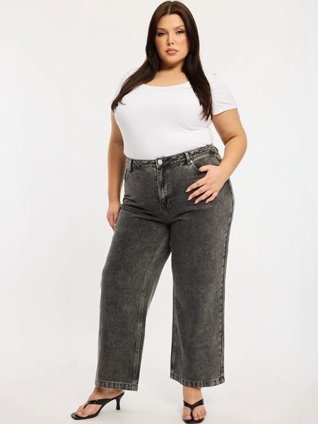 Women's grey relaxed fit high-rise stretchable jeans with heavy fade detailing.