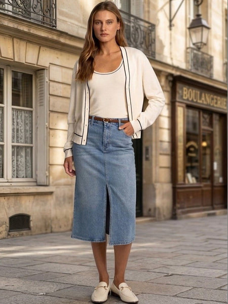 Light blue denim midi skirt with front slit and high-rise fit for women