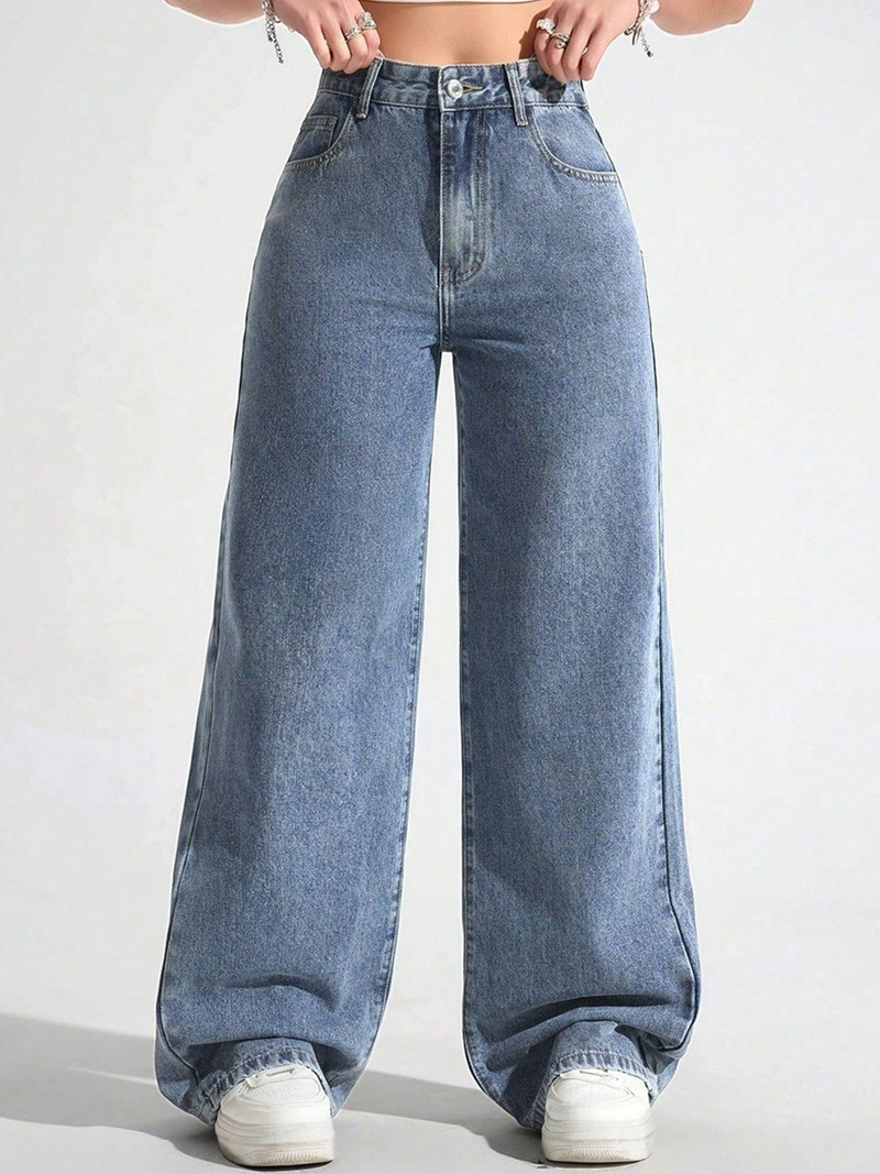 Women's blue high-rise stretchable jeans with light fade details