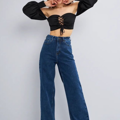 Women’s dark blue wide leg high-rise stretchable jeans.