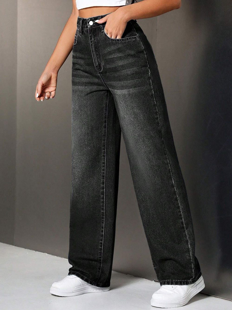 Black Colour Women’s High-Rise Relaxed Fit Acid Wash Jeans