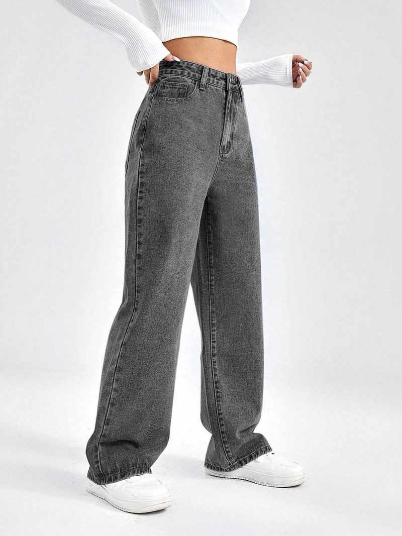 Women's grey straight fit high-rise stretchable jeans with slash knee detailing.