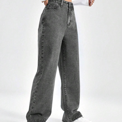 Women's grey straight fit high-rise stretchable jeans with slash knee detailing.