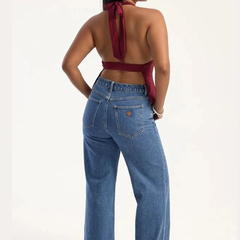 Women's light blue super wide leg high-rise stretchable jeans.