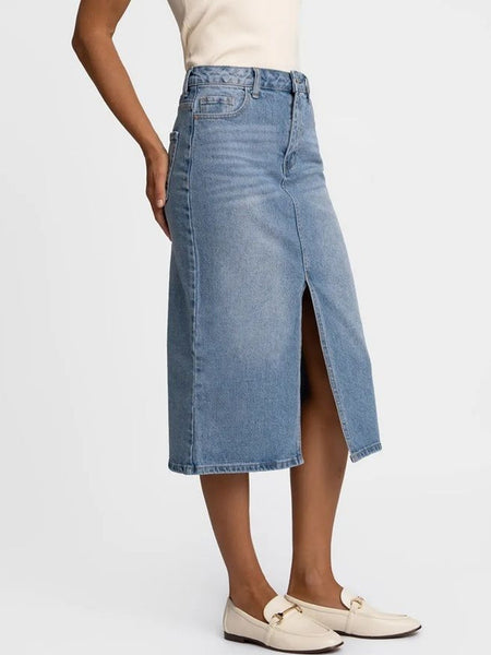 Light blue denim midi skirt with front slit and high-rise fit for women