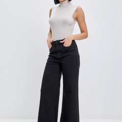 Women's black wide leg high-rise stretchable jeans.