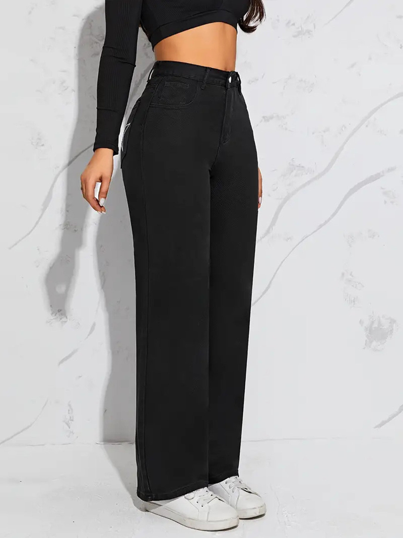 Women's black straight fit high-rise stretchable jeans.
