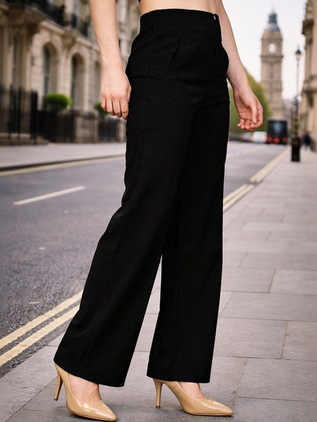 Women's black high-rise pleated stretchable trousers