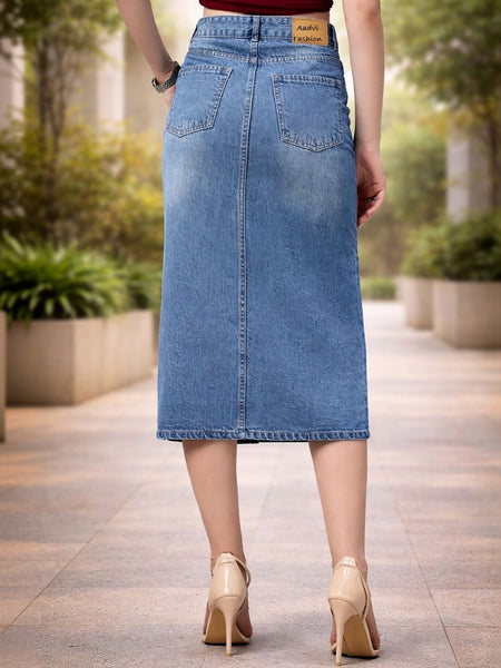 Women’s Light Blue Denim Front-Slit Above-Knee Skirt