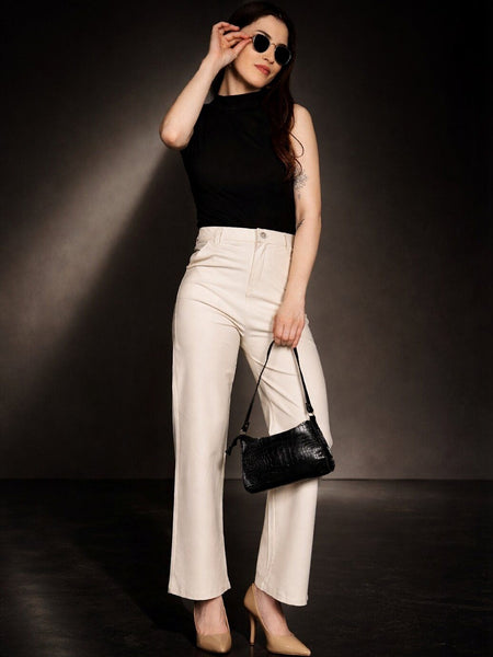 Women's white high-rise wide-leg stretchable Cream colour trousers