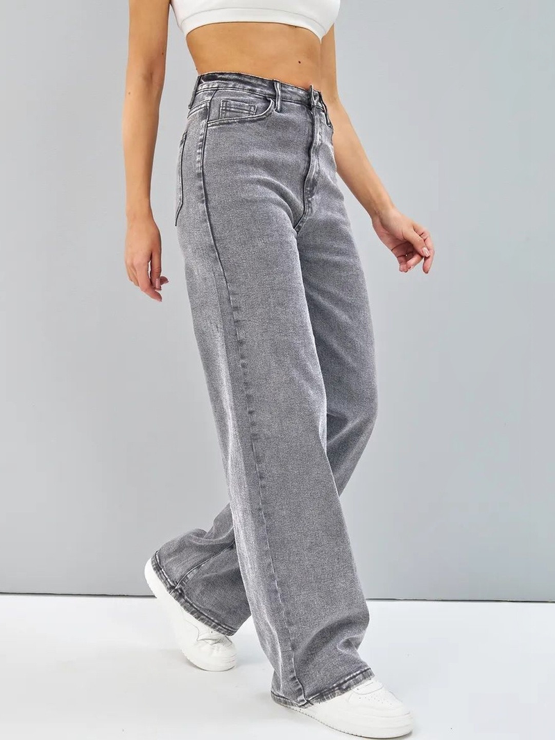 Women’s grey comfort flared high-rise stretchable jeans with light fade and acid wash detailing.
