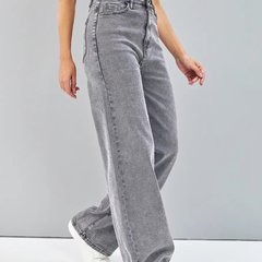 Women’s grey comfort flared high-rise stretchable jeans with light fade and acid wash detailing.