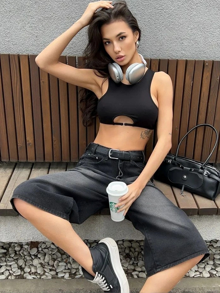 Women High-Rise Comfort Wide Leg Denim Short