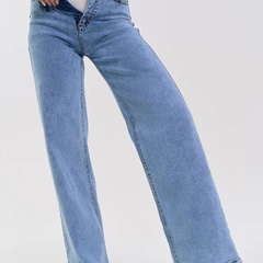 Women's light blue wide leg high-rise stretchable jeans with light fade and pleated detailing.