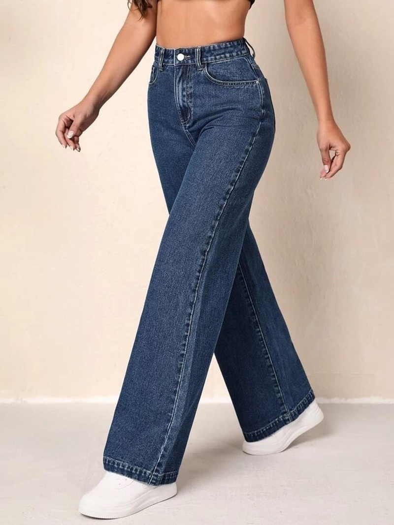 Women's dark blue high-rise stretchable wide leg jeans.