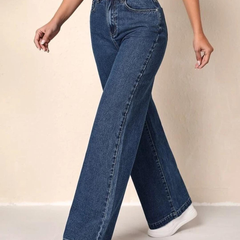 Women's dark blue high-rise stretchable wide leg jeans.