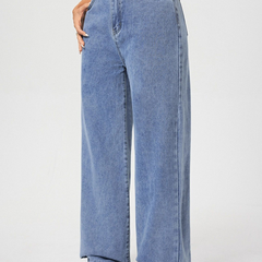 Women's light blue high-rise stretchable flared baggy jeans.