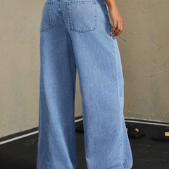 Women's blue mid-rise stretchable wide leg jeans with slash knee detailing.