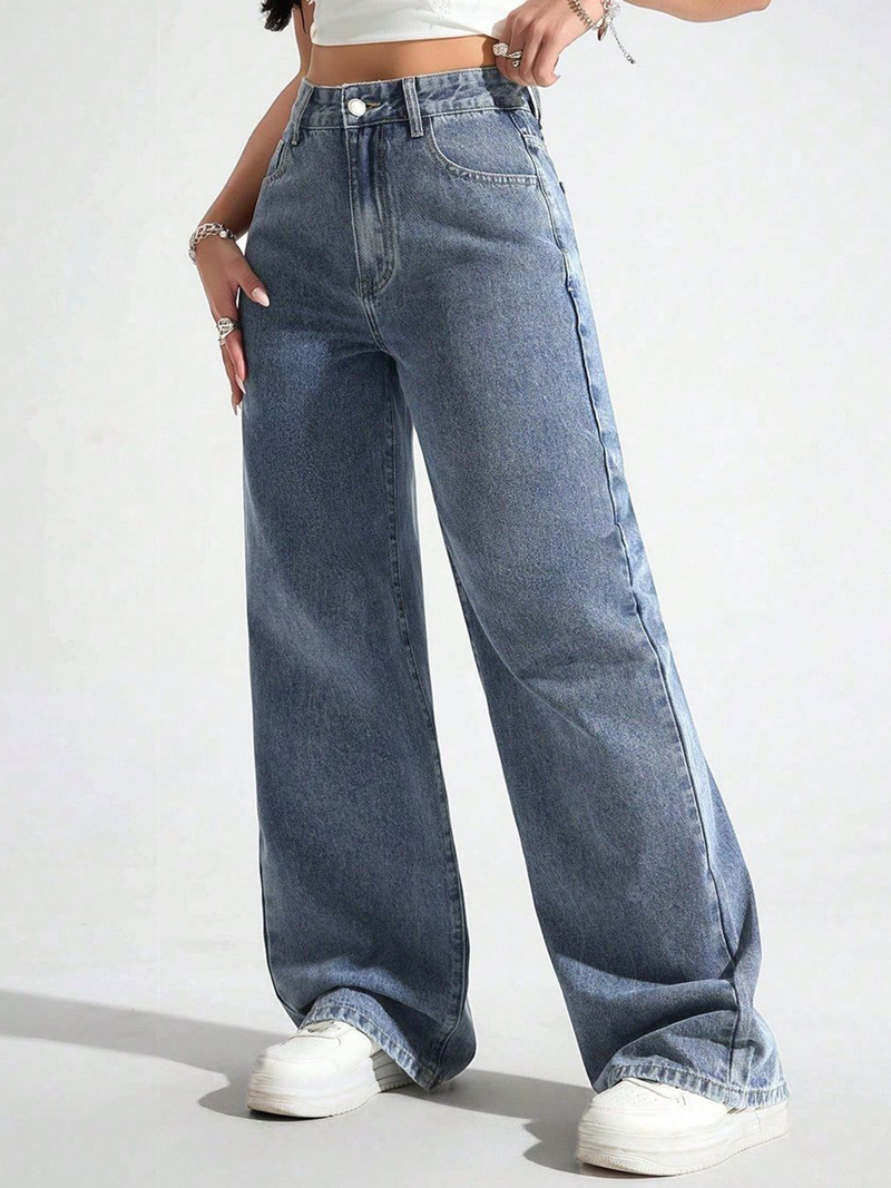 Women's blue high-rise stretchable jeans with light fade details