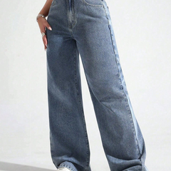 Women's blue high-rise stretchable jeans with light fade details