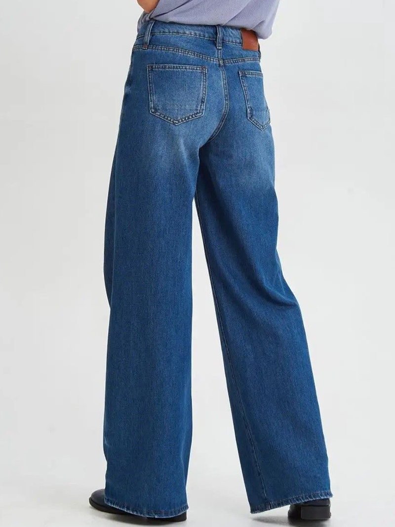 Women's dark blue relaxed fit high-rise stretchable jeans with low distress and light fade detailing.