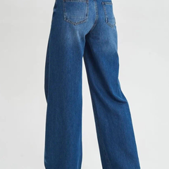 Women's dark blue relaxed fit high-rise stretchable jeans with low distress and light fade detailing.