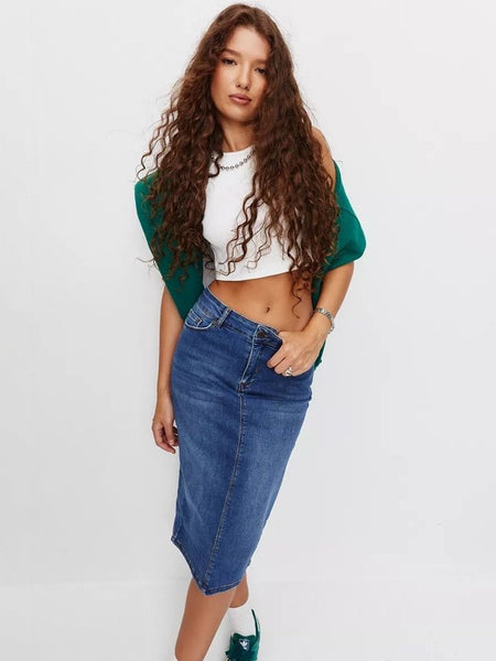 Women’s Blue Denim Front-Slit Above-Knee Skirt